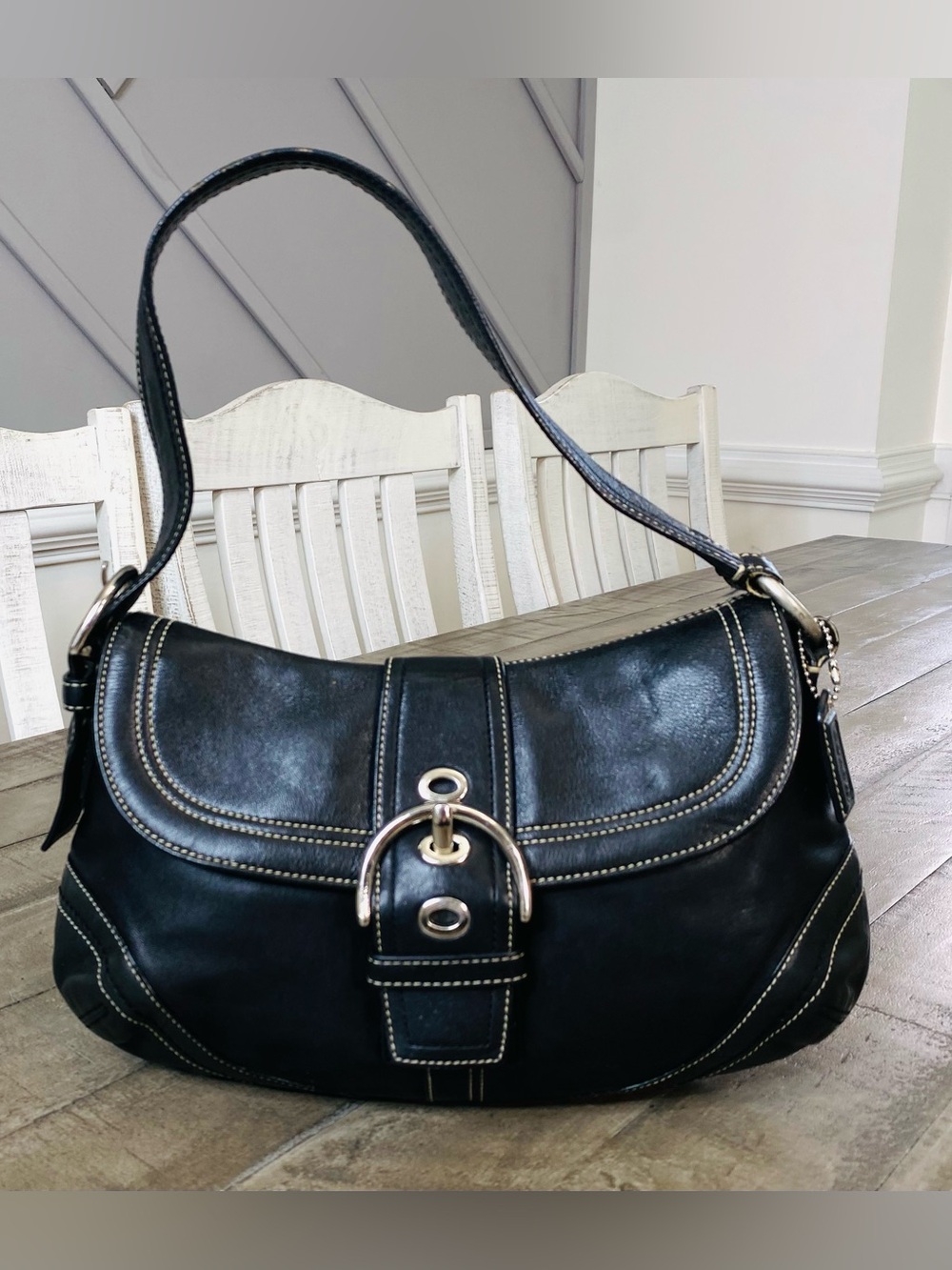 Vintage Coach Soho Y2K Leather Buckle Flap Shoulder Bag Black Hobo F10910 - Picture 3 of 14